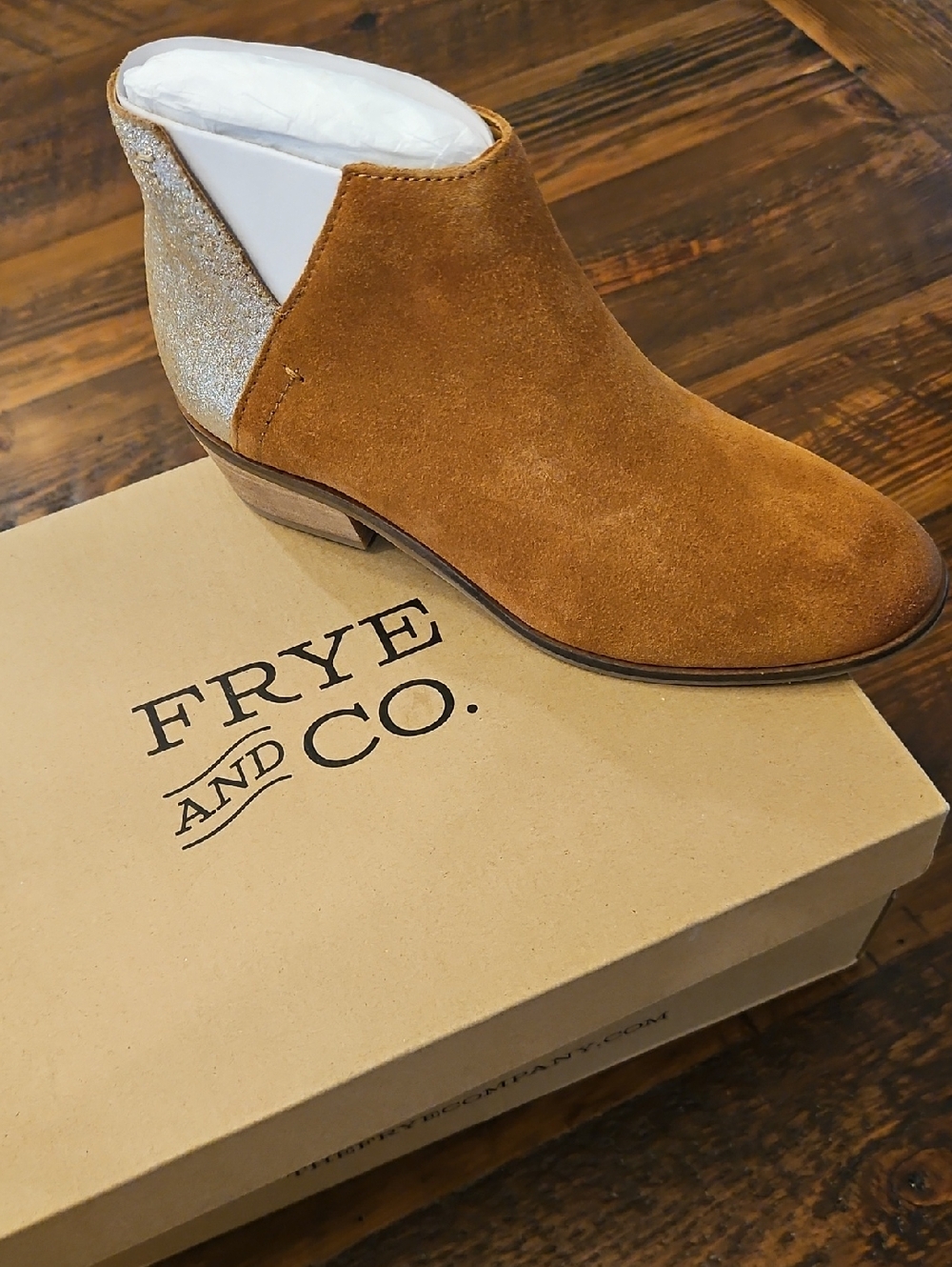 Nwt FRYE + CO.  Caden Bottie Suede Ankle Boot in Cognac with Silver Heel Accent